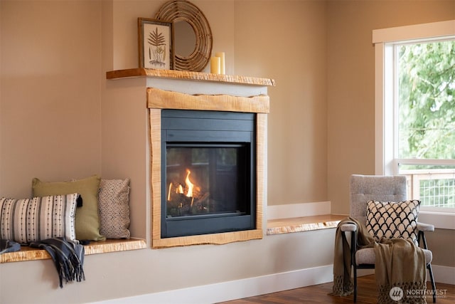 living area with baseboards, wood finished floors, and a glass covered fireplace