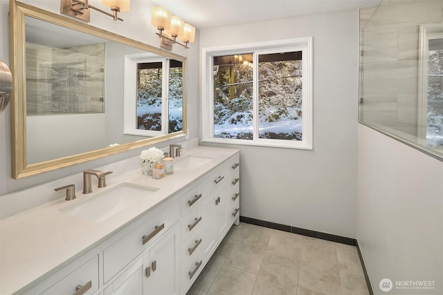 full bathroom featuring a sink, baseboards, double vanity, and a tile shower