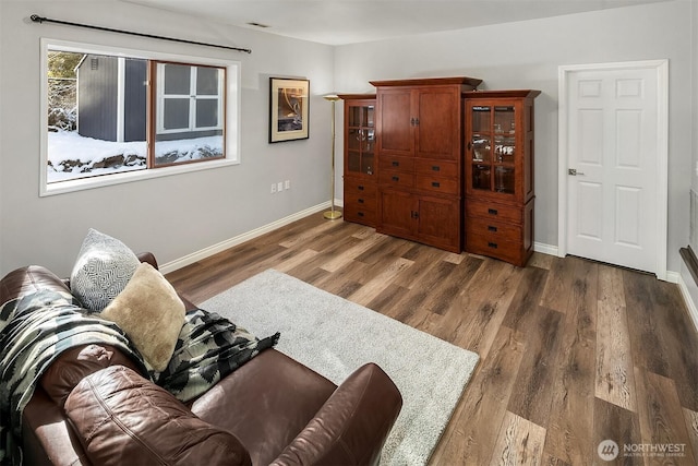 living area featuring baseboards and wood finished floors