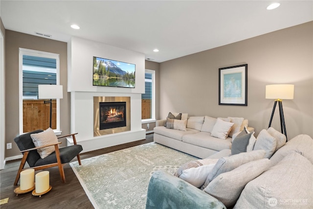 24014 Lily Pl SE, Black Diamond, WA 98010 - living area featuring dark wood finished floors, a glass covered fireplace, recessed lighting, and baseboards