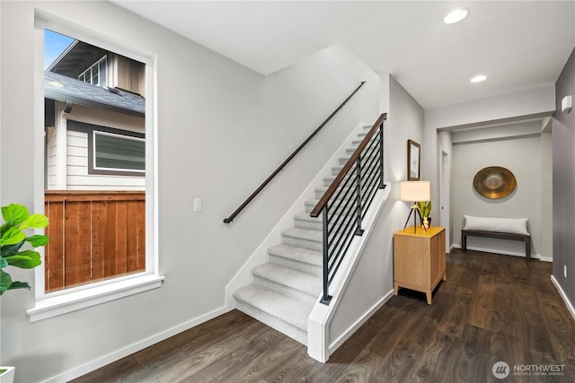 24014 Lily Pl SE, Black Diamond, WA 98010 - staircase with wood finished floors, baseboards, and recessed lighting