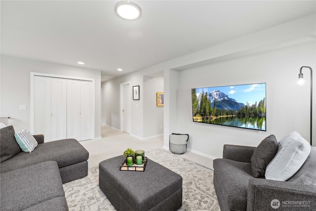 24014 Lily Pl SE, Black Diamond, WA 98010 - living room featuring recessed lighting, light carpet, and baseboards
