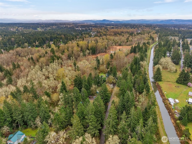 birds eye view of property with a mountain view and a forest view