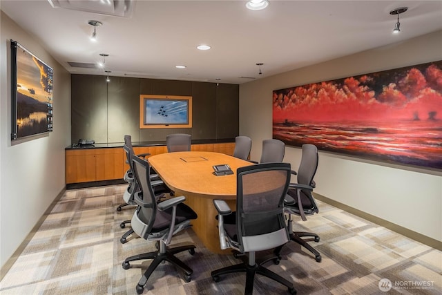 office with baseboards and recessed lighting