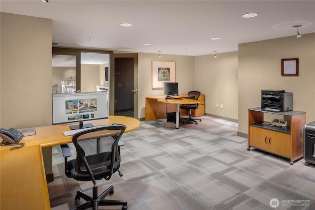 office area featuring baseboards, recessed lighting, and light colored carpet