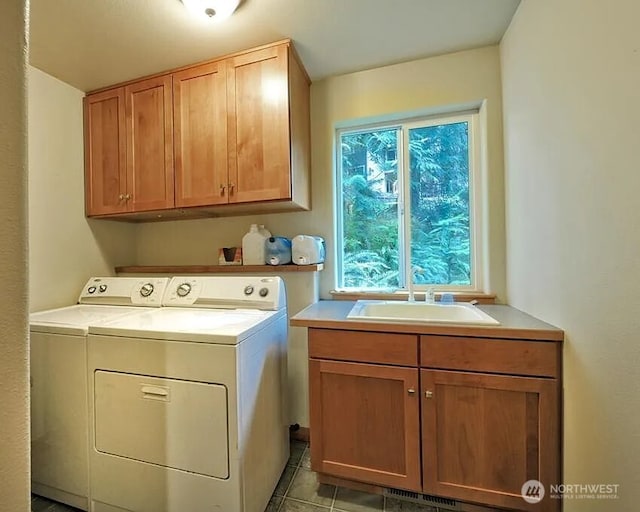 41 Rocky Ridge Dr, Bellingham, WA 98229 - laundry area with a sink, washer and clothes dryer, cabinet space, and light tile patterned flooring