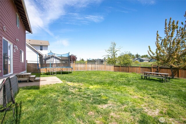 view of yard with a trampoline and a patio