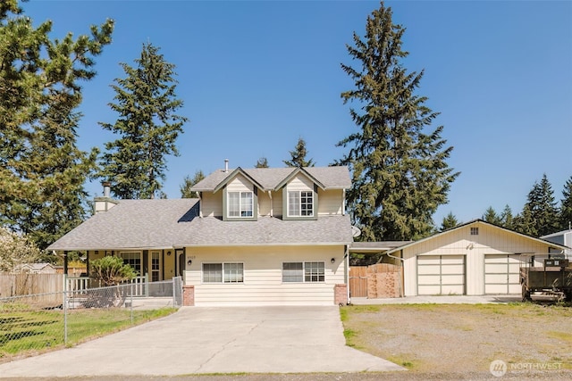 view of front facade featuring driveway, fence, and a porch