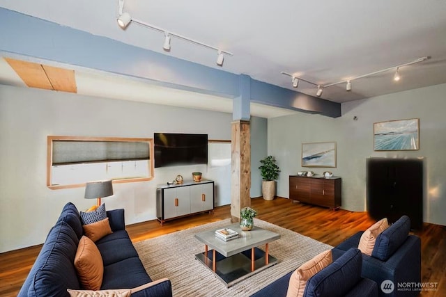 living room featuring wood finished floors and rail lighting