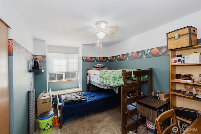 carpeted bedroom featuring ceiling fan