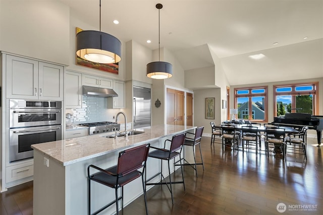 9535 Semiahmoo Pkwy Unit B305, Blaine, WA 98230 - kitchen with a sink, backsplash, appliances with stainless steel finishes, under cabinet range hood, and dark wood-type flooring