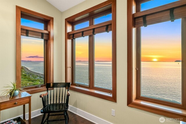 9535 Semiahmoo Pkwy Unit B305, Blaine, WA 98230 - interior space featuring dark wood-style floors, a water view, and baseboards