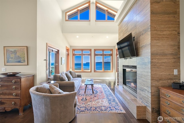 9535 Semiahmoo Pkwy Unit B305, Blaine, WA 98230 - living room featuring dark wood-style floors, a tile fireplace, and high vaulted ceiling