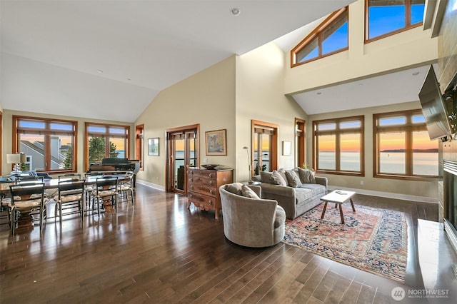 9535 Semiahmoo Pkwy Unit B305, Blaine, WA 98230 - living room with baseboards, high vaulted ceiling, and wood finished floors