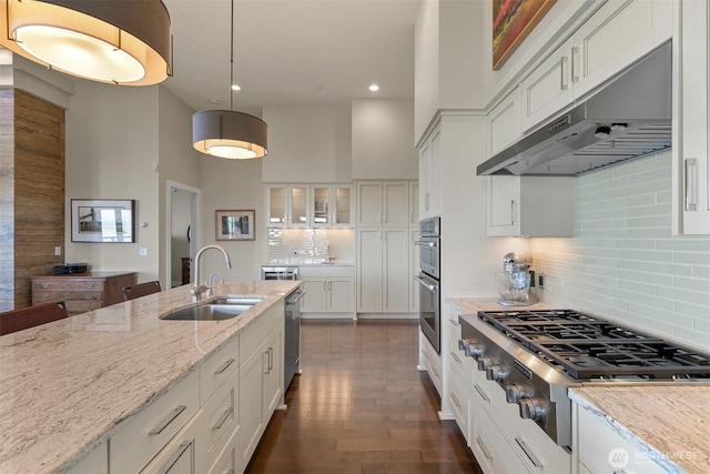 9535 Semiahmoo Pkwy Unit B305, Blaine, WA 98230 - kitchen with under cabinet range hood, a high ceiling, a sink, appliances with stainless steel finishes, and glass insert cabinets