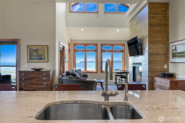 9535 Semiahmoo Pkwy Unit B305, Blaine, WA 98230 - kitchen featuring open floor plan, a fireplace, light stone counters, and a sink