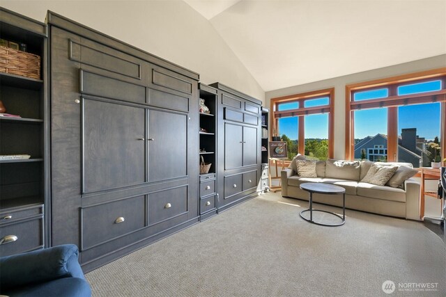 9535 Semiahmoo Pkwy Unit B305, Blaine, WA 98230 - carpeted living area featuring high vaulted ceiling