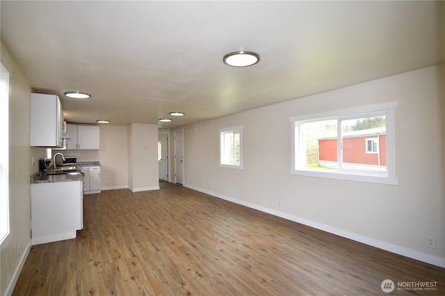 kitchen with baseboards, white cabinets, a sink, and wood finished floors