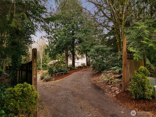 view of road featuring dirt driveway