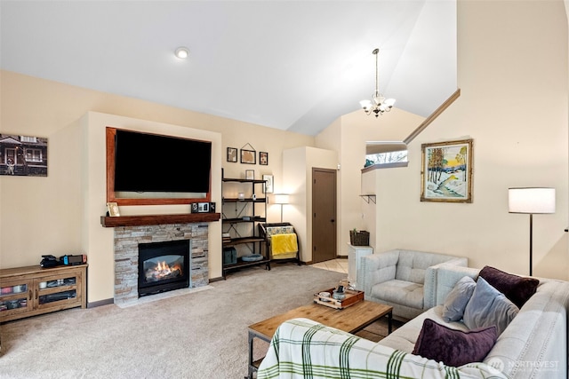 13328 67th Ave E, Puyallup, WA 98373 - carpeted living area with a stone fireplace, vaulted ceiling, and a notable chandelier