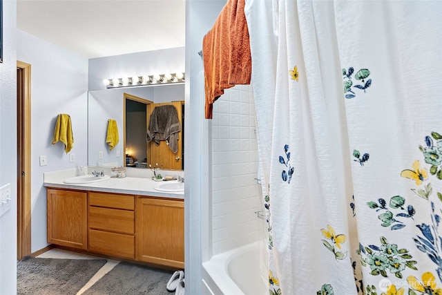 13328 67th Ave E, Puyallup, WA 98373 - bathroom with shower / bath combination with curtain, double vanity, a sink, and tile patterned floors