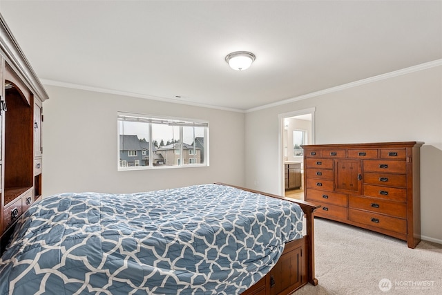 bedroom with baseboards, ornamental molding, and light colored carpet