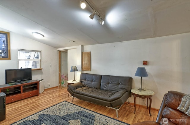 living area featuring track lighting, wood finished floors, and lofted ceiling