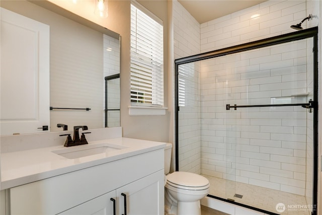 bathroom with toilet, vanity, and a stall shower