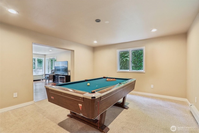 24010 SE 168th St, Issaquah, WA 98027 - rec room featuring light colored carpet, billiards, recessed lighting, and baseboards