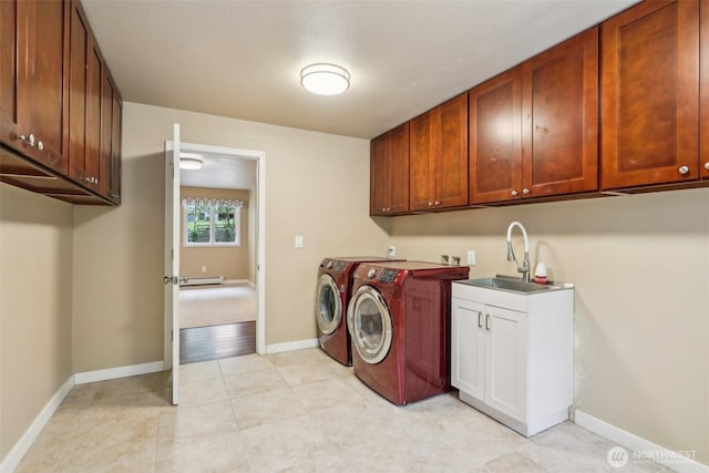 24010 SE 168th St, Issaquah, WA 98027 - clothes washing area featuring separate washer and dryer, cabinet space, baseboards, and a baseboard radiator