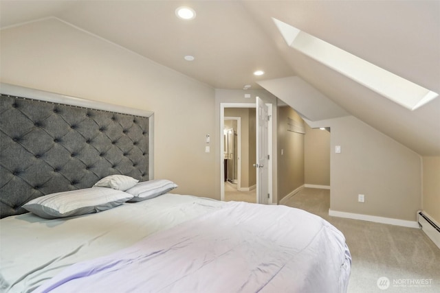 24010 SE 168th St, Issaquah, WA 98027 - bedroom featuring a skylight, vaulted ceiling, light colored carpet, baseboards, and a baseboard heating unit