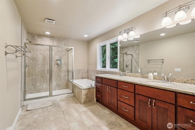 24010 SE 168th St, Issaquah, WA 98027 - full bathroom featuring a stall shower, a garden tub, tile patterned floors, double vanity, and recessed lighting