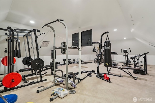 24010 SE 168th St, Issaquah, WA 98027 - workout room with carpet, lofted ceiling, and recessed lighting