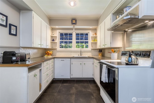 kitchen featuring under cabinet range hood, a sink, open shelves, and white appliances