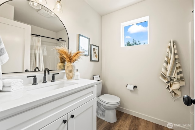 19713 17th St SW, Lakebay, WA 98349 - full bath with vanity, toilet, wood finished floors, baseboards, and a shower with curtain