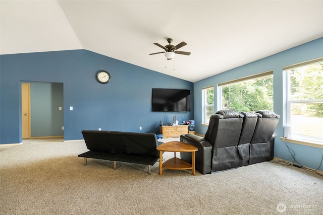 231 E Heights Pl N, Belfair, WA 98528 - living room featuring vaulted ceiling, ceiling fan, and carpet flooring