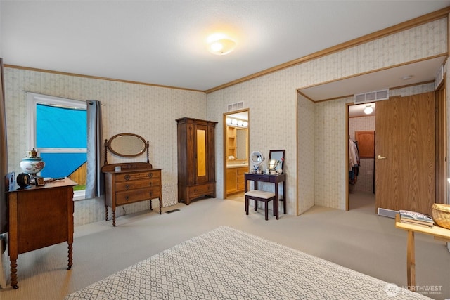 1340 Gloria Ln, Walla Walla, WA 99362 - bedroom with crown molding, visible vents, light colored carpet, and wallpapered walls