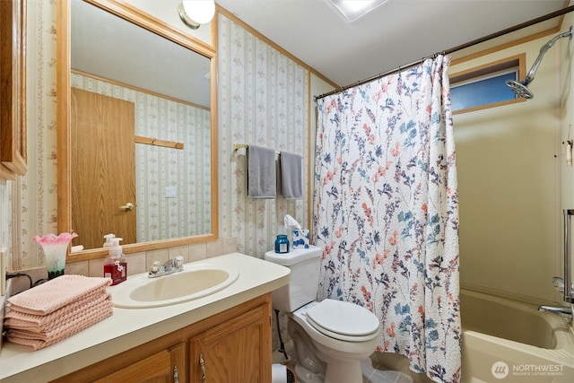 1340 Gloria Ln, Walla Walla, WA 99362 - full bathroom with toilet, wallpapered walls, vanity, and shower / bath combination with curtain