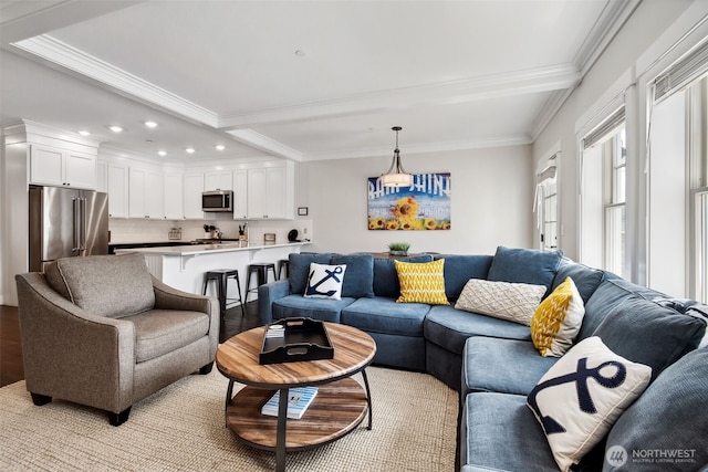 211 Market St, Pacific Beach, WA 98571 - living area with crown molding, light wood-style floors, and recessed lighting
