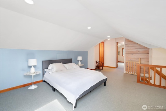 3754 SW 107th St, Seattle, WA 98146 - carpeted bedroom with lofted ceiling, baseboards, wooden walls, and recessed lighting