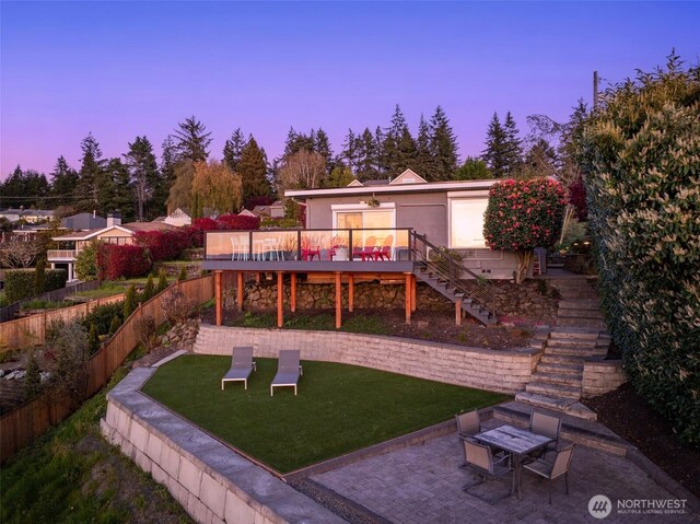 4425 Paradise Ave W, University Place, WA 98466 - view of yard with stairway, a deck, a patio, and outdoor dining area