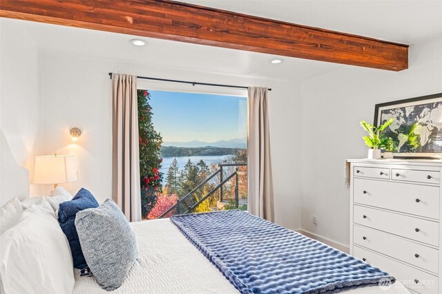 4425 Paradise Ave W, University Place, WA 98466 - bedroom with beamed ceiling, a water view, access to exterior, baseboards, and recessed lighting