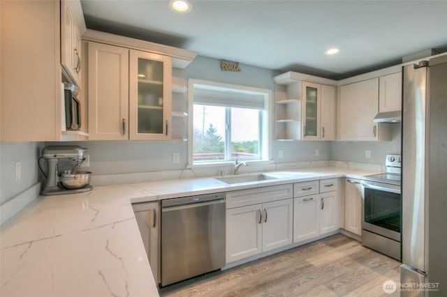 33 4th Ave, Ocean Shores, WA 98569 - kitchen with open shelves, recessed lighting, under cabinet range hood, a sink, and appliances with stainless steel finishes