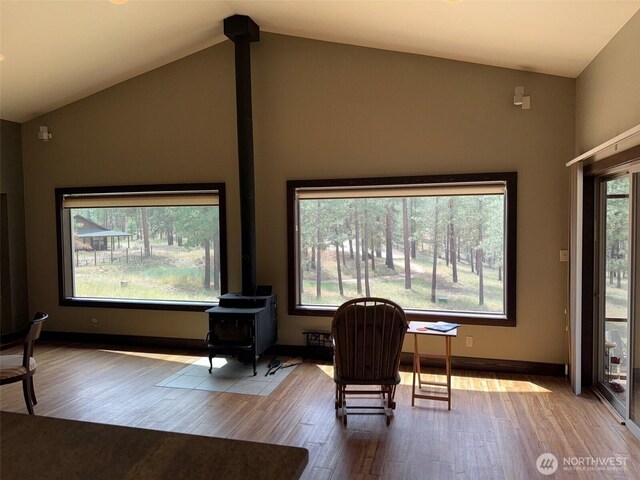21 Twin Lakes Dr, Winthrop, WA 98862 - office featuring a wood stove, lofted ceiling, and wood finished floors