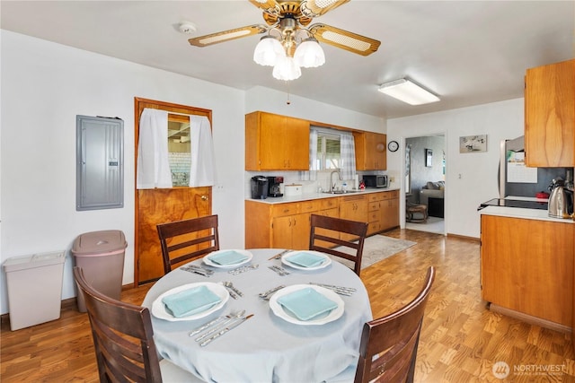 2824 Pacific Ave, Hoquiam, WA 98550 - dining room with a ceiling fan, light wood-style floors, and electric panel