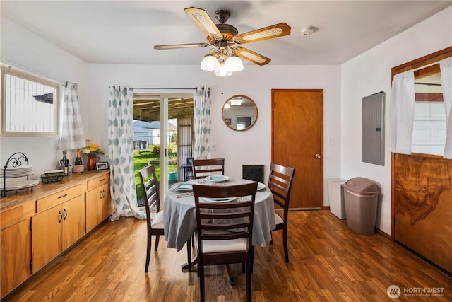 2824 Pacific Ave, Hoquiam, WA 98550 - dining room with a ceiling fan, wood finished floors, visible vents, and electric panel