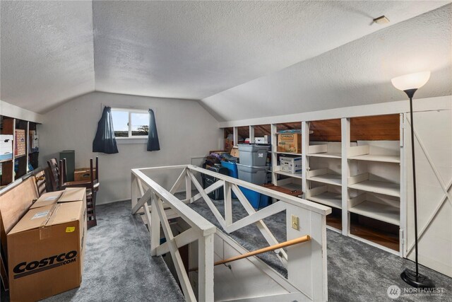 2824 Pacific Ave, Hoquiam, WA 98550 - interior space featuring vaulted ceiling, carpet floors, and a textured ceiling