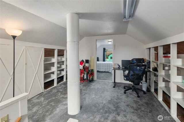 2824 Pacific Ave, Hoquiam, WA 98550 - office area with vaulted ceiling, carpet, and a textured ceiling
