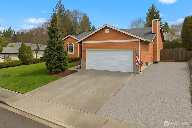 ranch-style house with a chimney, concrete driveway, fence, a garage, and a front yard