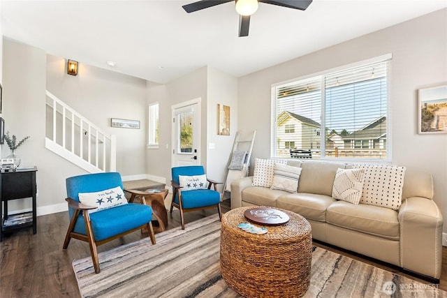 441 Lupine Ln SW, Ocean Shores, WA 98569 - living area with ceiling fan, wood finished floors, stairway, and plenty of natural light